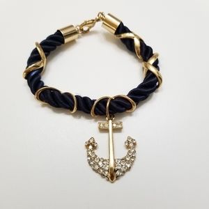 Gold Bejeweled Anchor on Navy Rope Bracelet